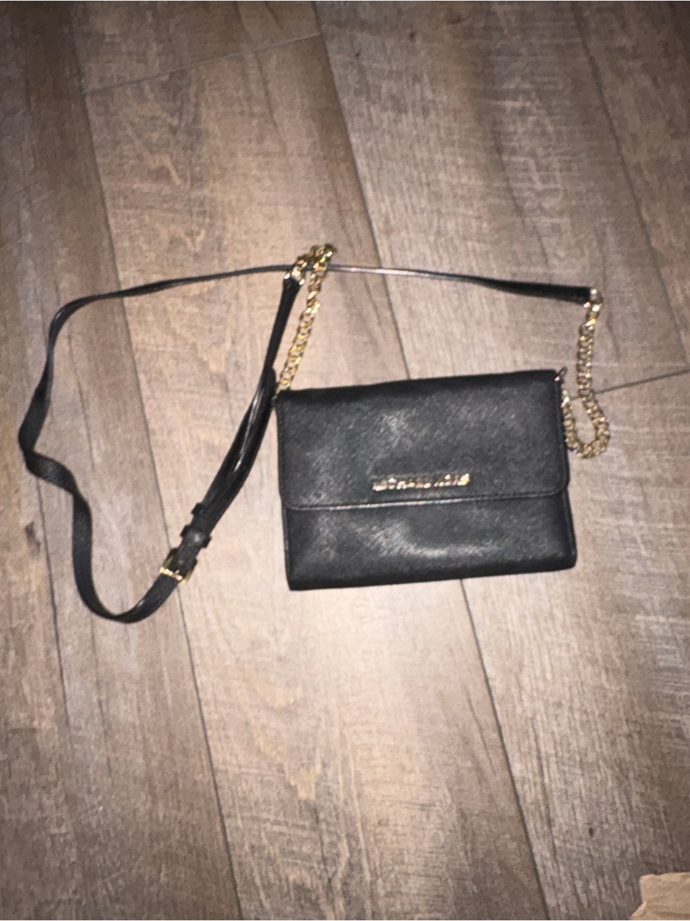 Michael Kors Black Leather Crossbody with Gold Chain Accents